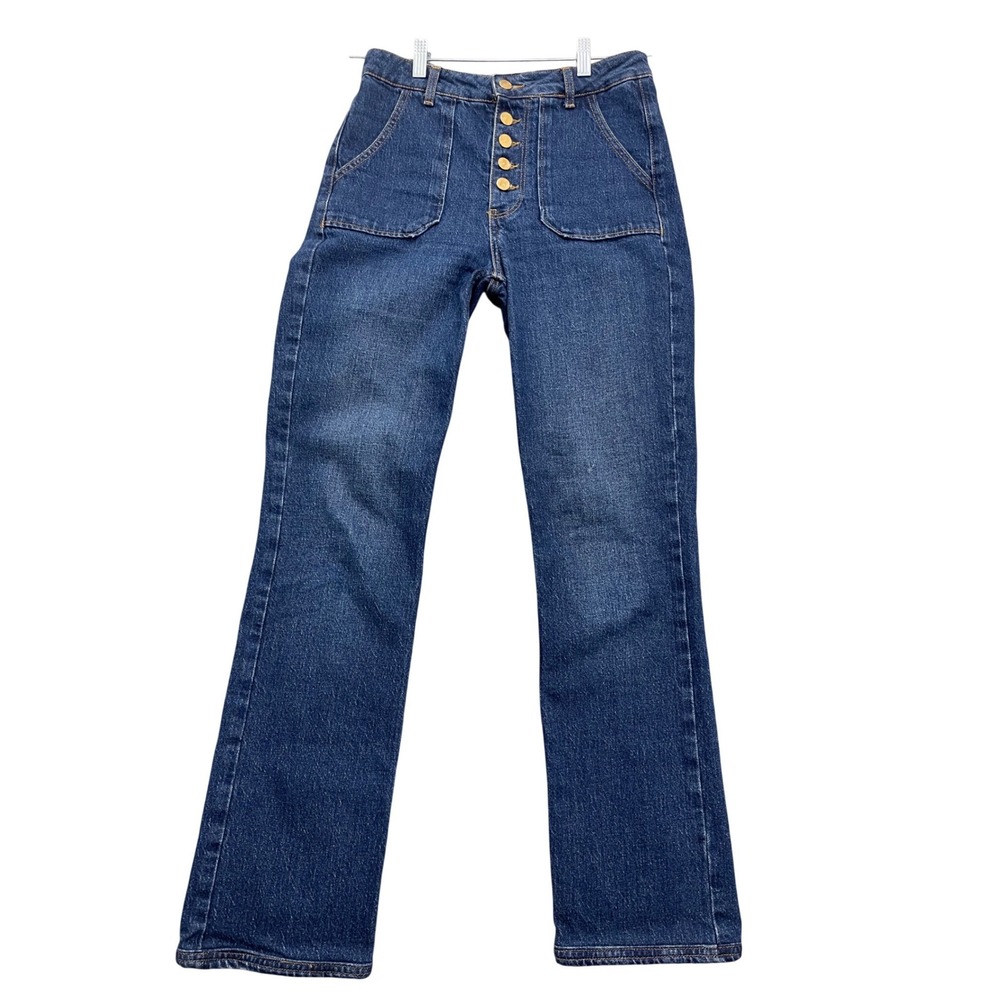 Zara Womens High Waisted Button Fly Straight Leg Patch Pocket Denim Jeans Blue - Picture 2 of 16